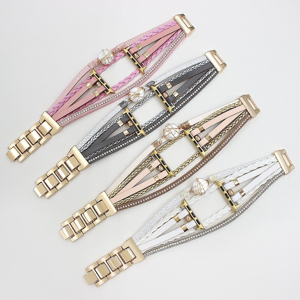 Bracelet multi-rangs doré pour Apple Watch avec cordons en cuir rose, gris foncé, beige ou blanc et perles d'eau douce.