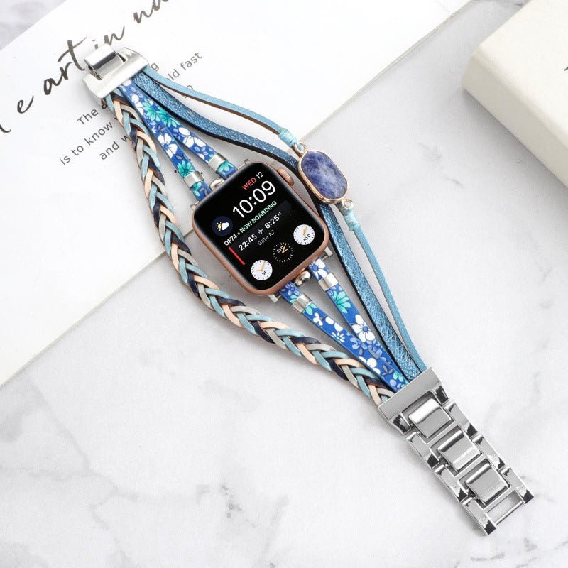 Bracelet multi-rangs pour Apple Watch avec pierres naturelles bleu clair et métal argenté, style Adla.