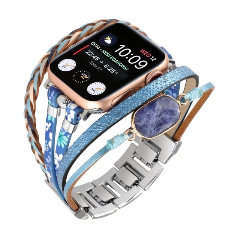 Bracelet multi-rangs bleu avec pierres naturelles et cuir tressé pour Apple Watch femme.