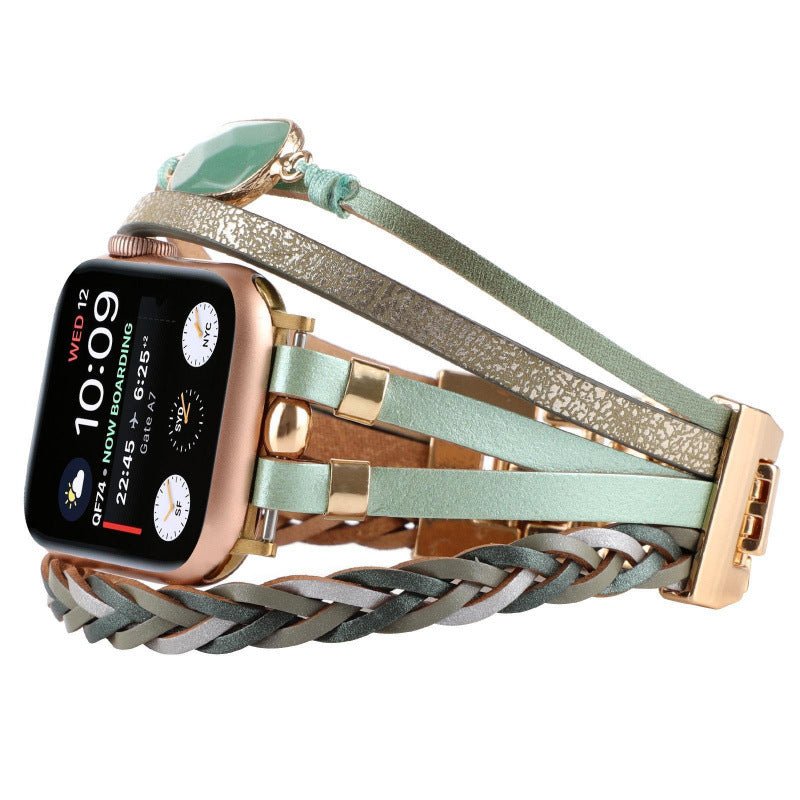 Bracelet multi-rangs vert menthe en cuir et pierre naturelle pour Apple Watch, fermoir doré.
