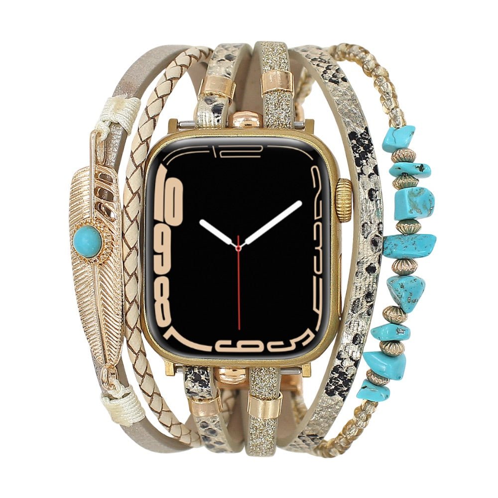 Bracelet de montre connectée multi - rangs, Apple Watch, pierres naturelles et plume, pour femme, modèle Lyxia - La Boutique du Bracelet