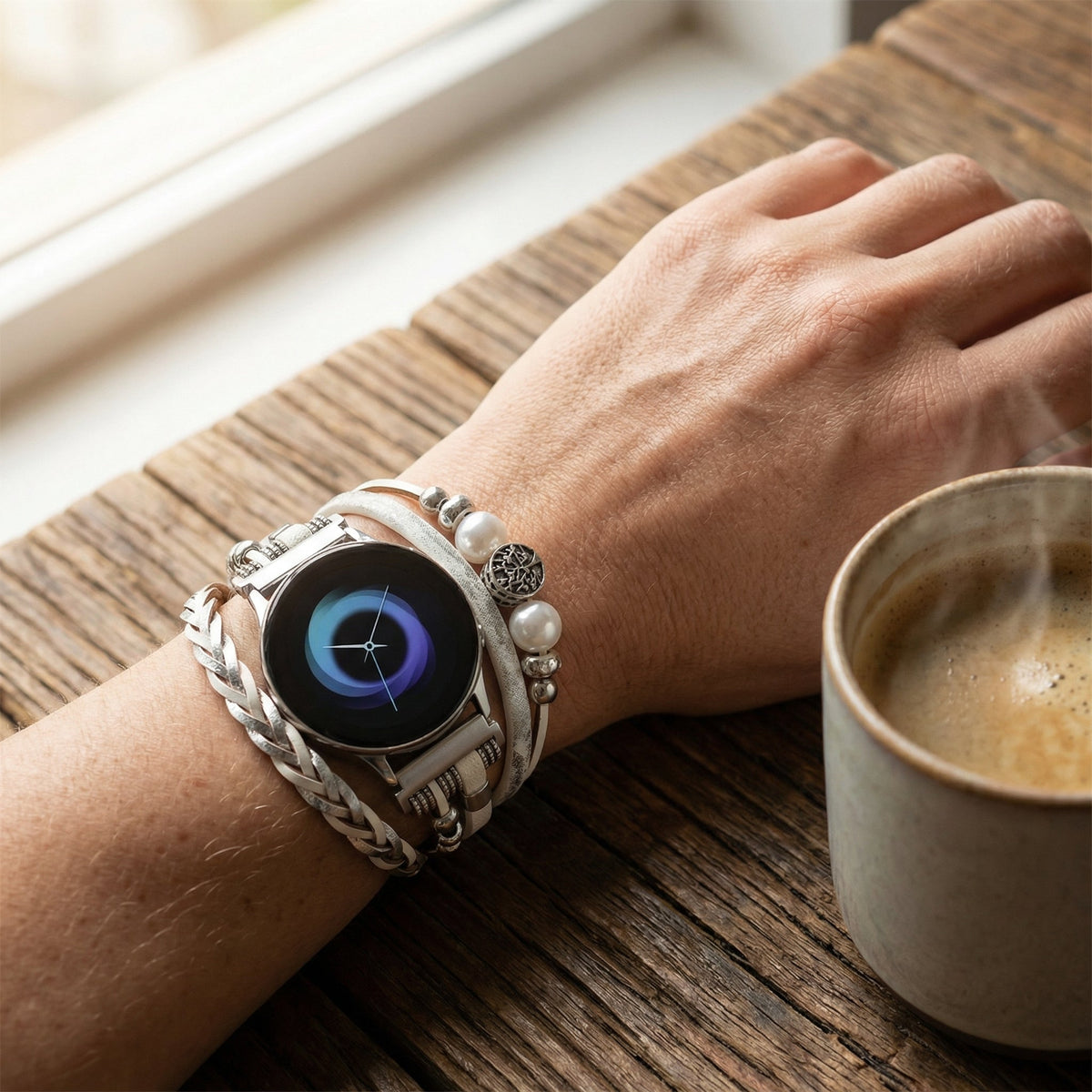 Mehrreihiges Armband für Smartwatch, Lebensbaum-Motiv, mit Perlen in Perlmuttoptik, für Damen, Modell Ilouna