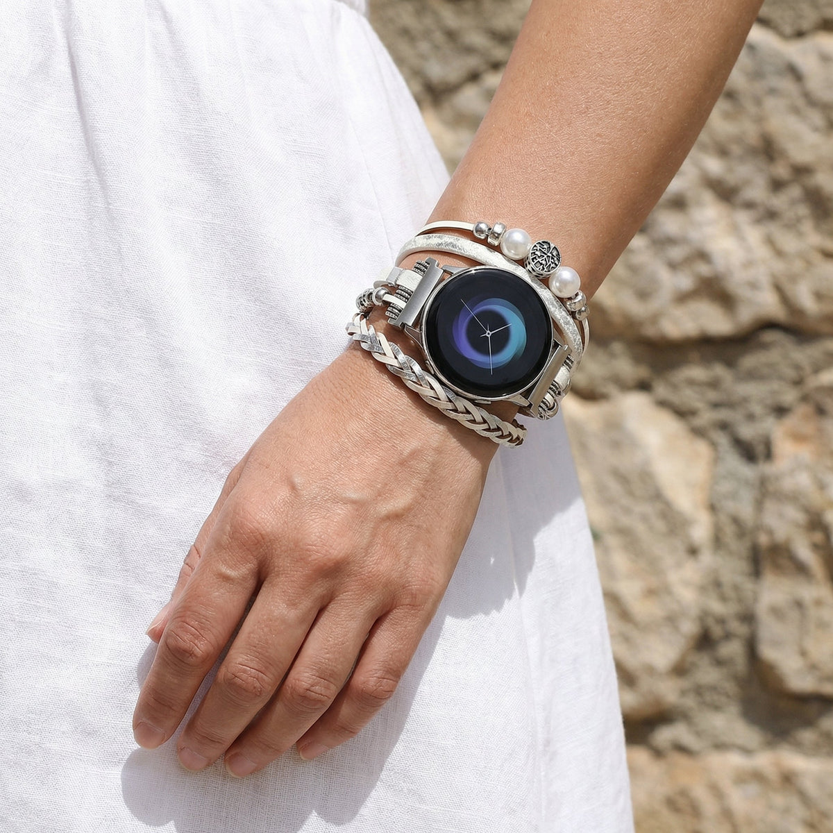 Mehrreihiges Armband für Smartwatch, Lebensbaum-Motiv, mit Perlen in Perlmuttoptik, für Damen, Modell Ilouna