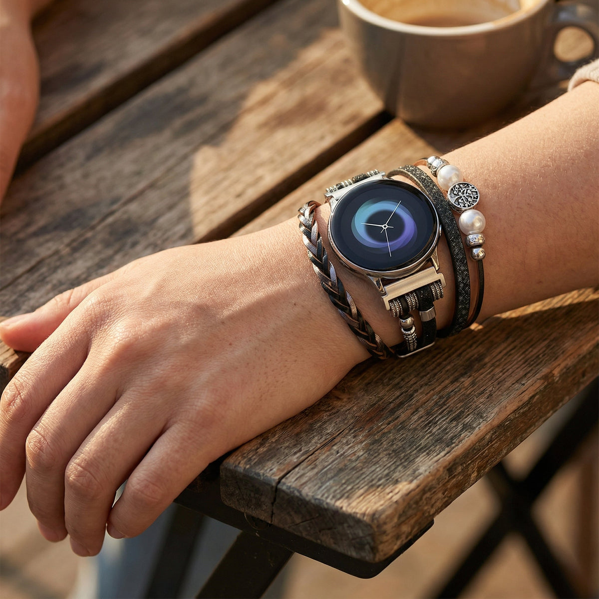Mehrreihiges Armband für Smartwatch, Lebensbaum-Motiv, mit Perlen in Perlmuttoptik, für Damen, Modell Ilouna