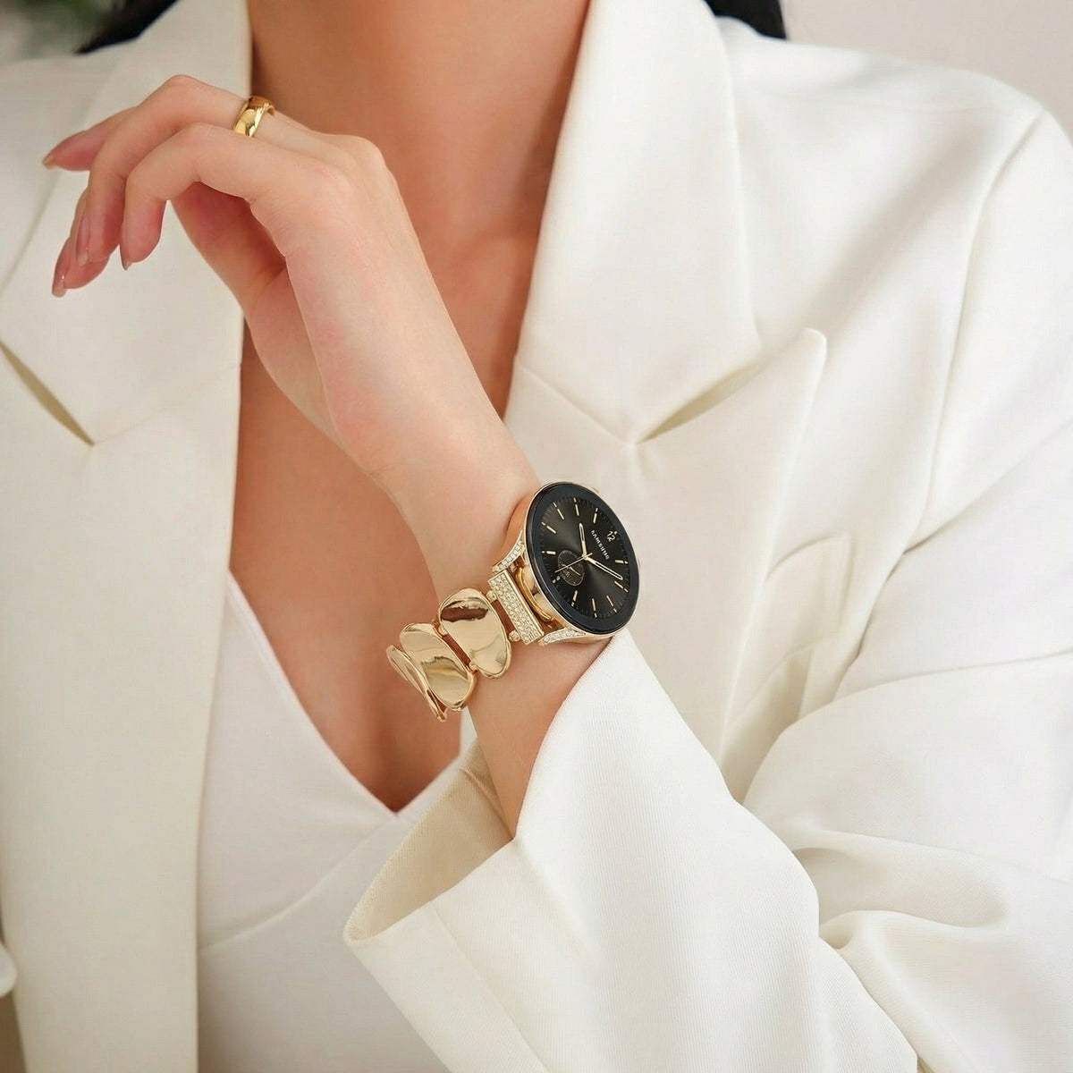 Wide Mesh Mirror-Effect Watch Bracelet, Gold or Silver Finish, Jindelle Model