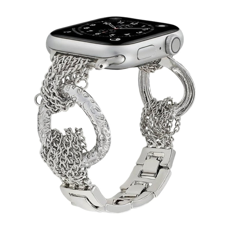 Bracelet de montre Apple Watch en acier inoxydable argenté, maillons tressés multiples et anneaux sculptés brillants, style.