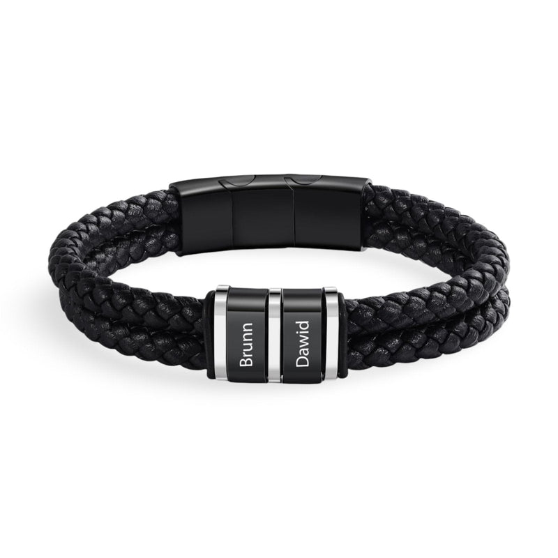 Bracelet double cordon cuir noir tressé avec double plaques gravées personnalisées et fermoir magnétique noir mat.