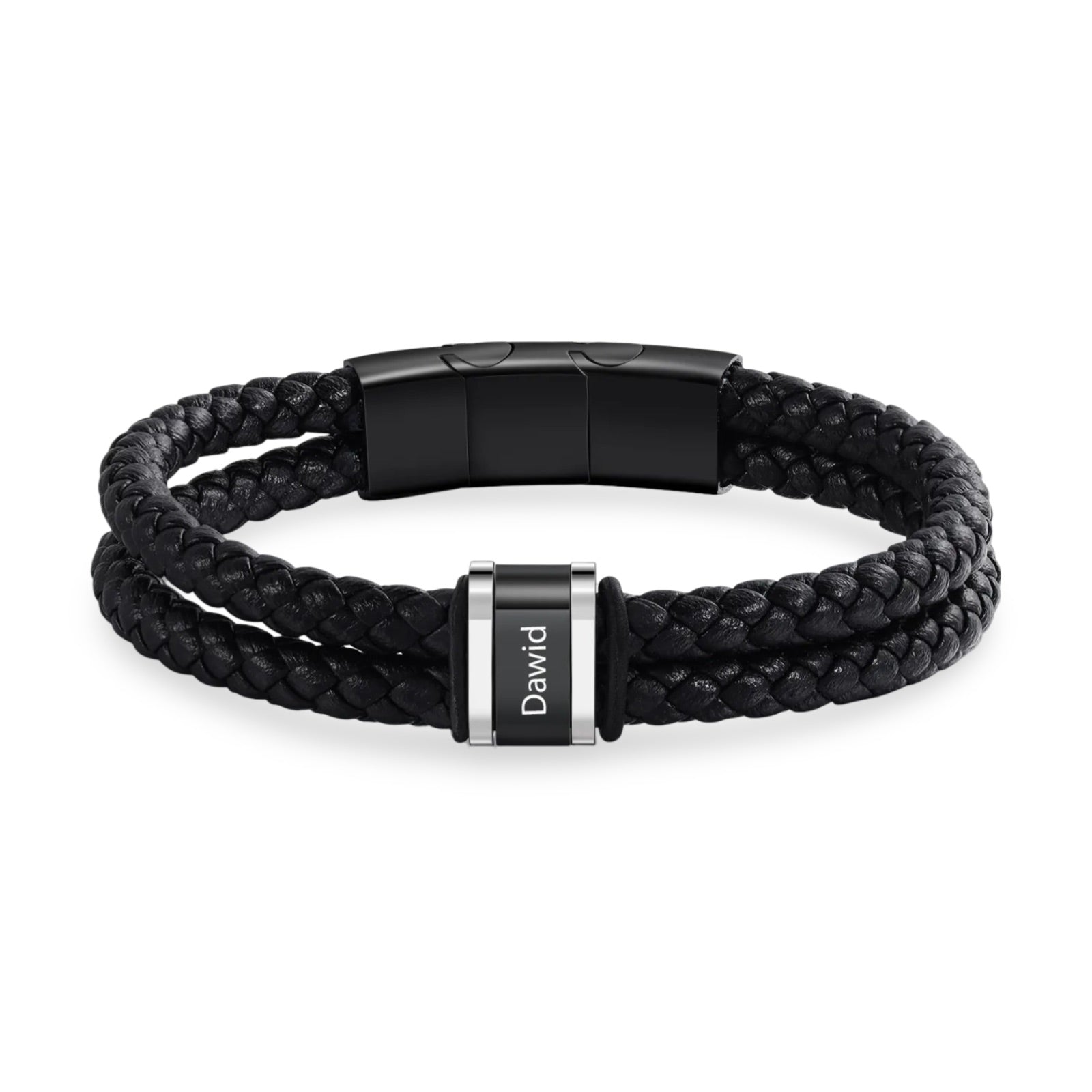 Bracelet homme double cordon cuir tressé noir avec plaque personnalisée gravée "David" et fermoir magnétique noir mat.