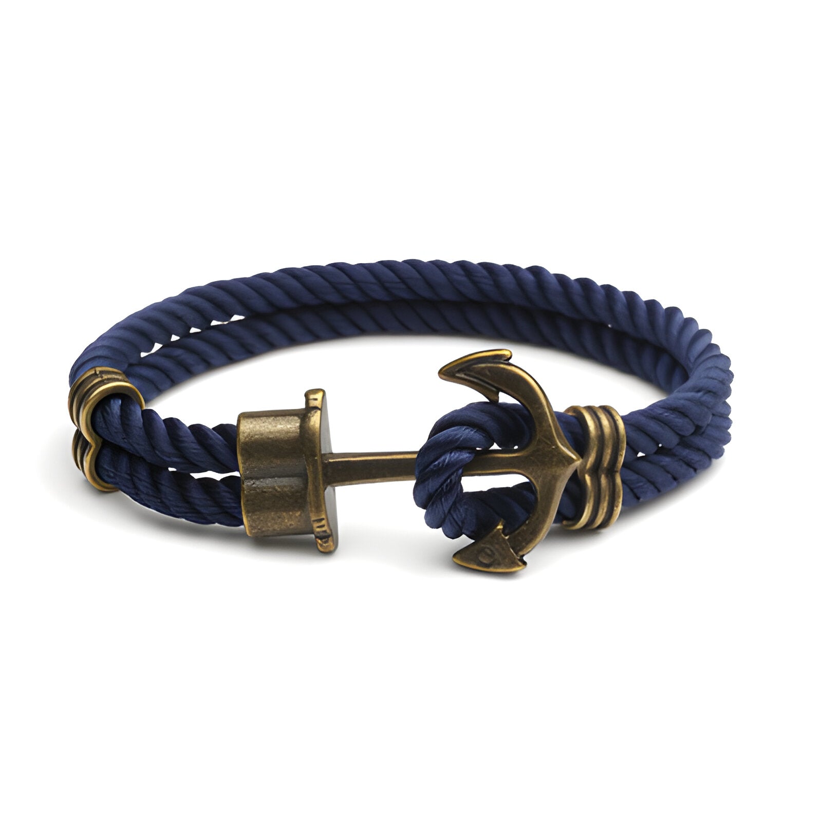Bracelet double cordon bleu marine avec motif ancre antique en métal vieilli.
