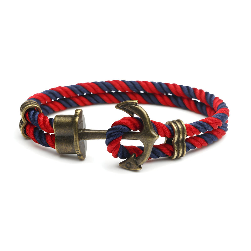 Bracelet double cordon rouge et bleu avec motif ancre antique en métal vieilli.