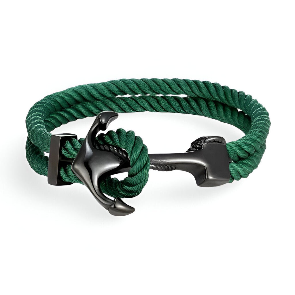 Bracelet double cordon vert avec motif ancre noire en métal brillant, style marin.