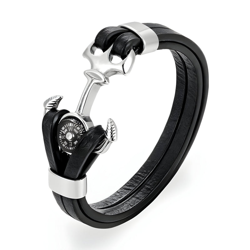 Bracelet homme double cordon cuir noir ancre marine argentée boussole intégrée.