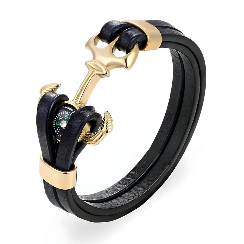 Bracelet homme double cordons noirs avec ancre marine et boussole dorée.