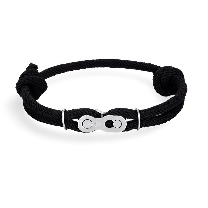 Bracelet double cordons noirs avec maillon chaîne de moto en métal argenté, modèle Xavier.