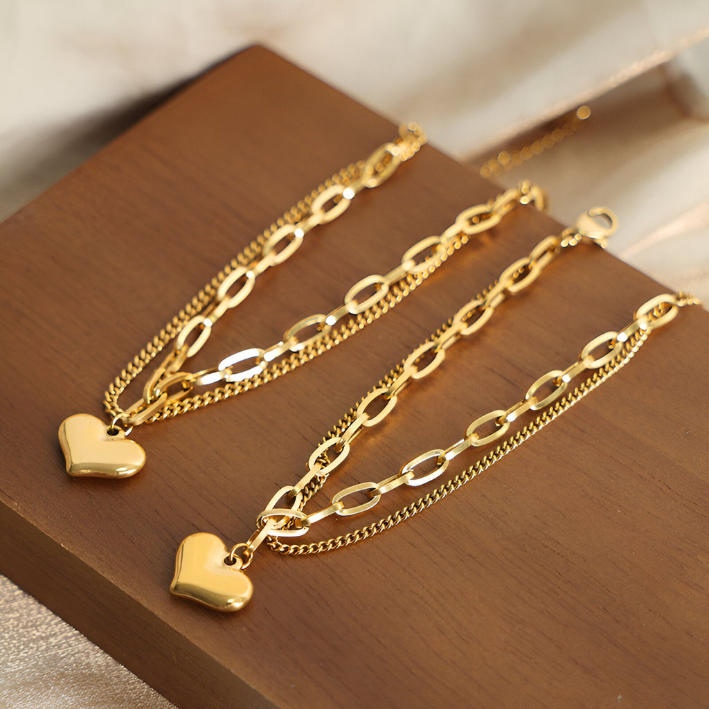 Bracelet double en titane plaqué or, motif coeur, modèle Anne - La Boutique du Bracelet
