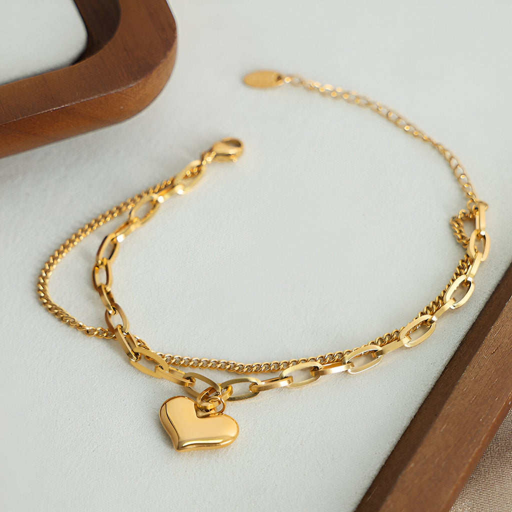 Bracelet double en titane plaqué or, motif coeur, modèle Anne - La Boutique du Bracelet