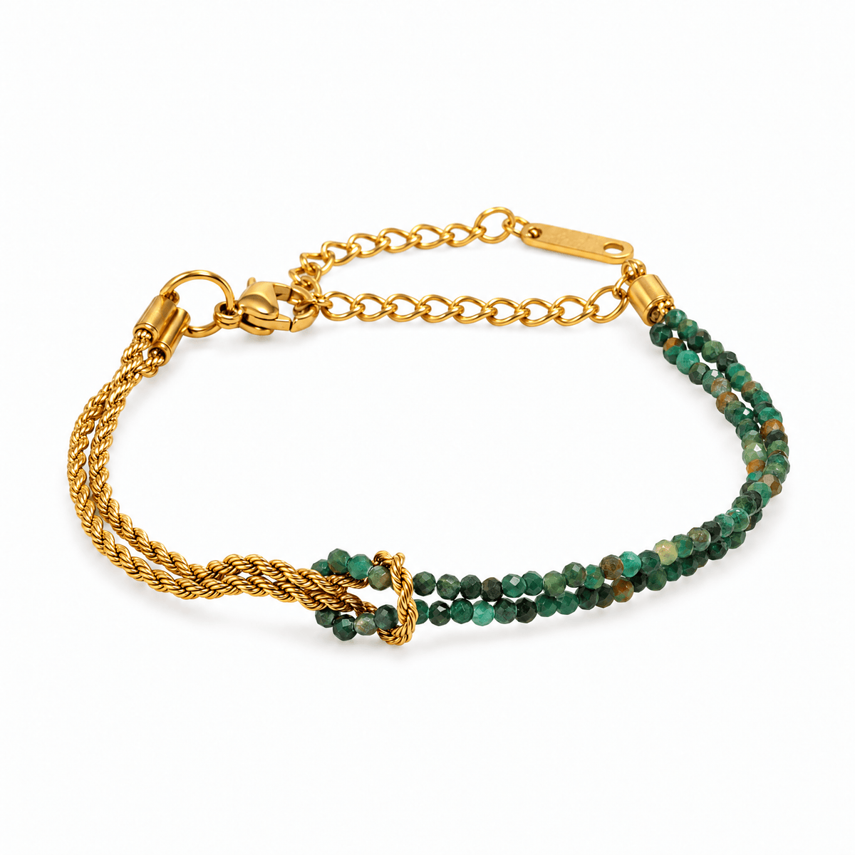 Packshot studio bracelet Wenda Malachite, vue frontale basse, fond blanc pur — détails verrouillés 10 octobre 2026