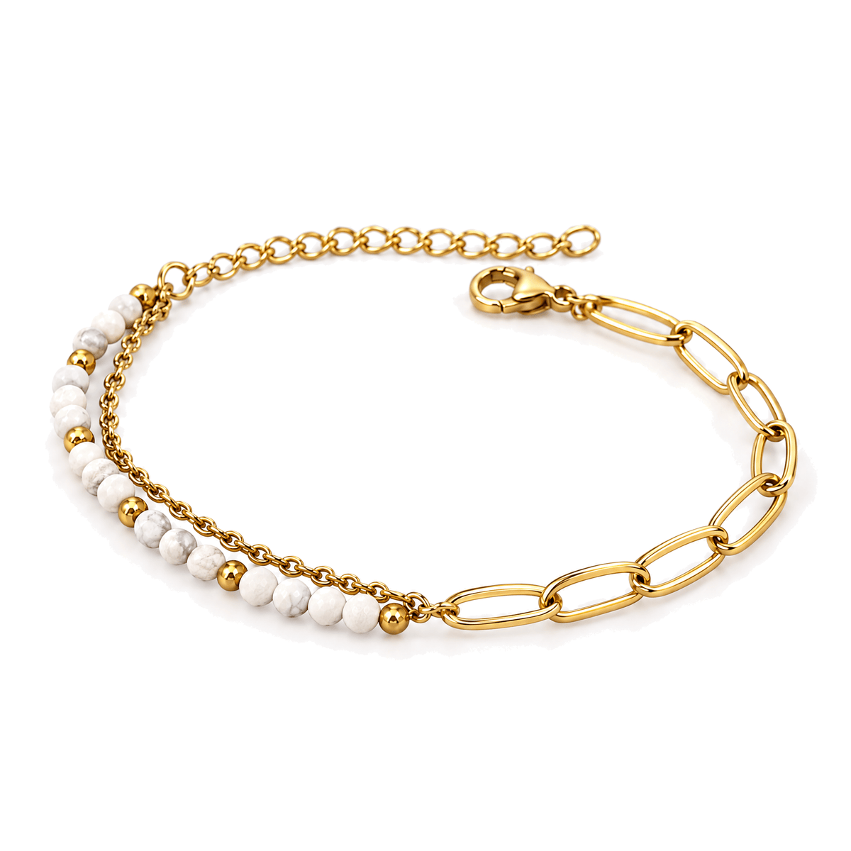 Packshot studio bracelet Kista Turquoise blanche, vue frontale basse posée sur table, fond blanc pur — 9 octobre 2026