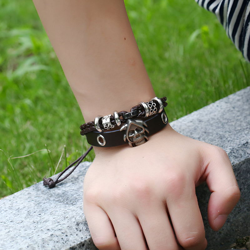 Pulsera de cuero de doble vuelta, calavera, unisex, modelo Genesis