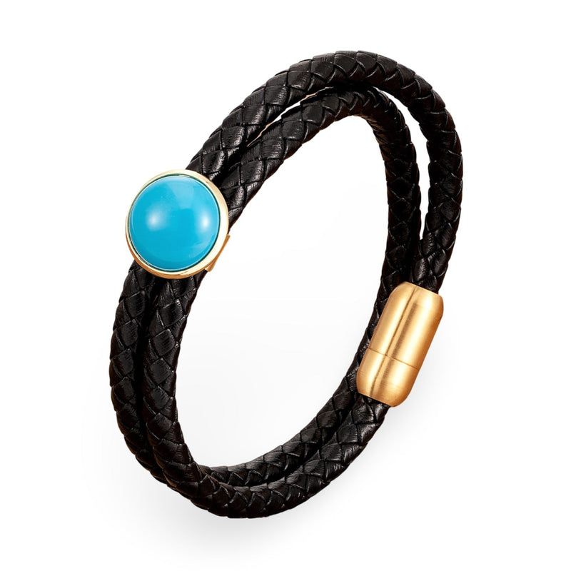 Bracelet double-rangs en microfibre noir tressé avec pierre turquoise ronde sertie or et fermoir magnétique doré.