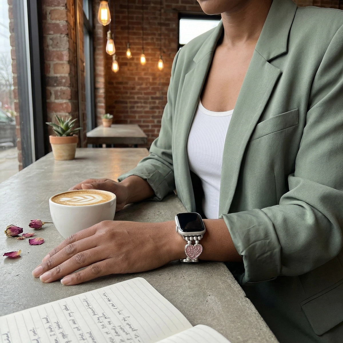 Bracelet Apple Watch elastique, maillons coeur emailles motif arbre de vie, modele Cabra