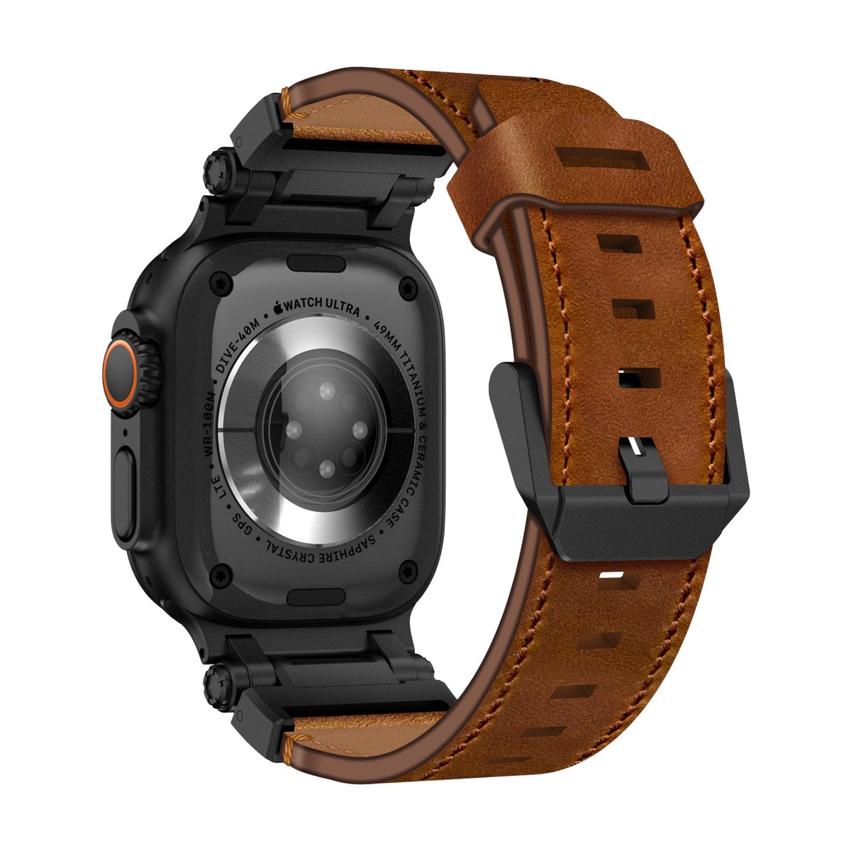 Bracelet en cuir marron avec coutures ton sur ton et boucle noire pour Apple Watch Ultra.