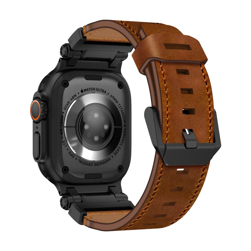 Bracelet en cuir marron avec coutures ton sur ton et boucle noire pour Apple Watch Ultra.