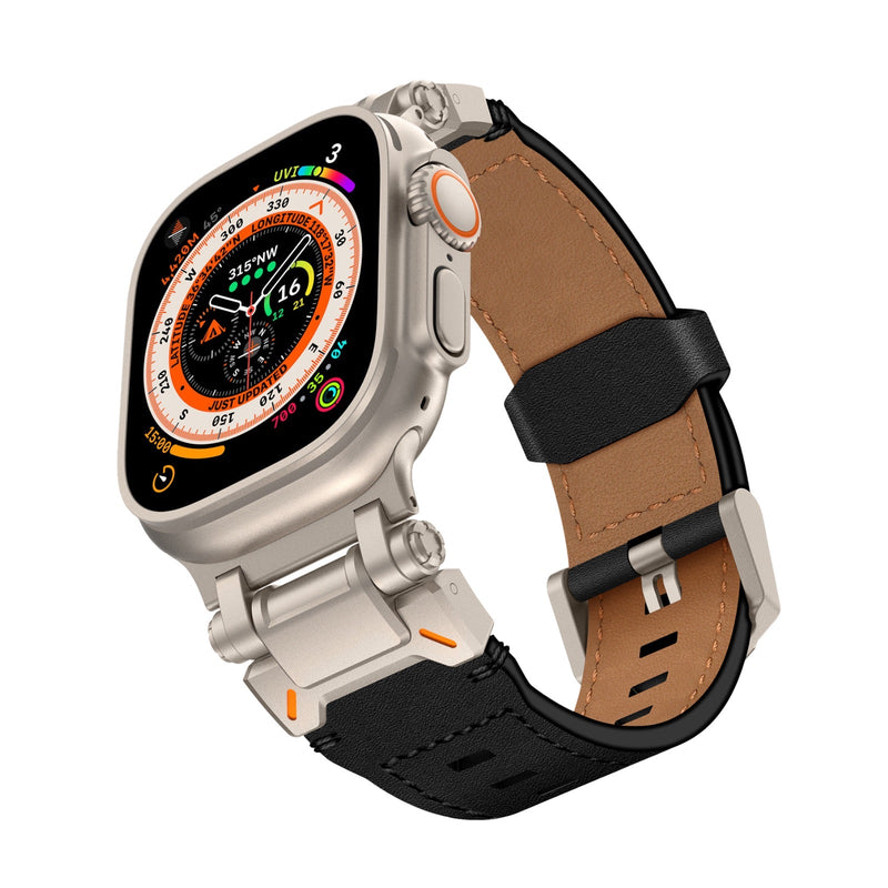 Bracelet en cuir marron et noir avec boucle en acier pour Apple Watch Ultra, ajustable, style technique et élégant.