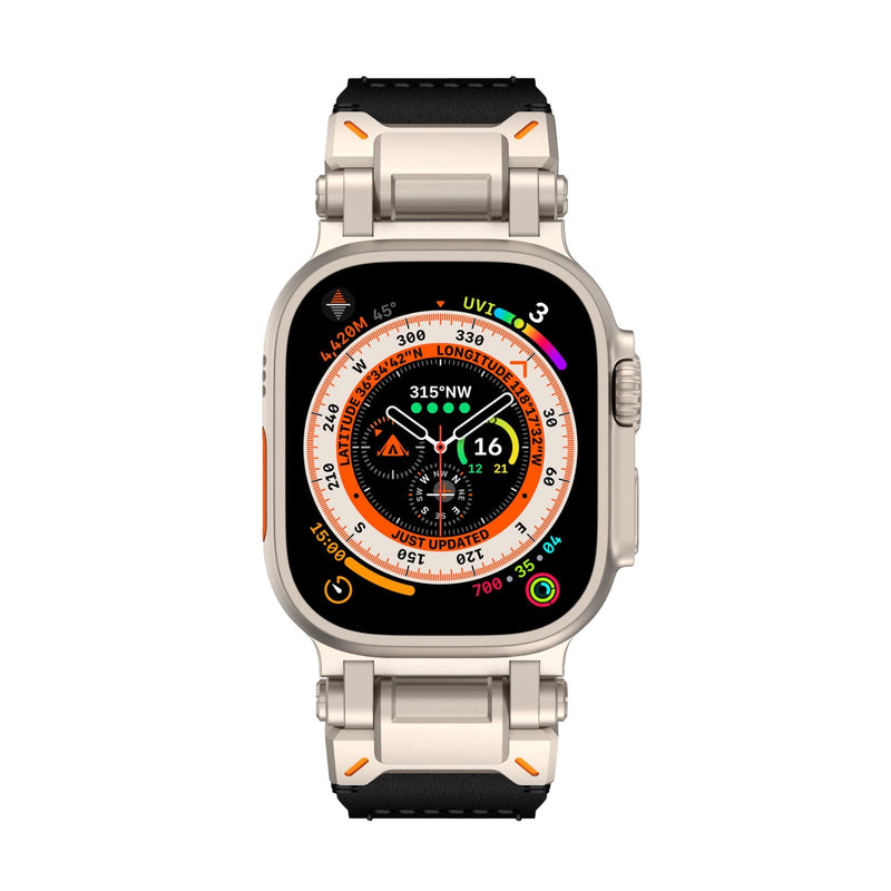 Bracelet en cuir noir et acier argenté, style technique et ajustable pour Apple Watch Ultra.