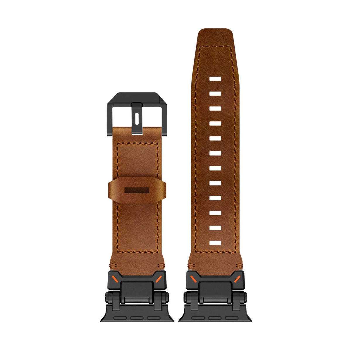 Bracelet pour Apple Watch Ultra en cuir marron, attaches et boucle en acier noir mat, ajustable.
