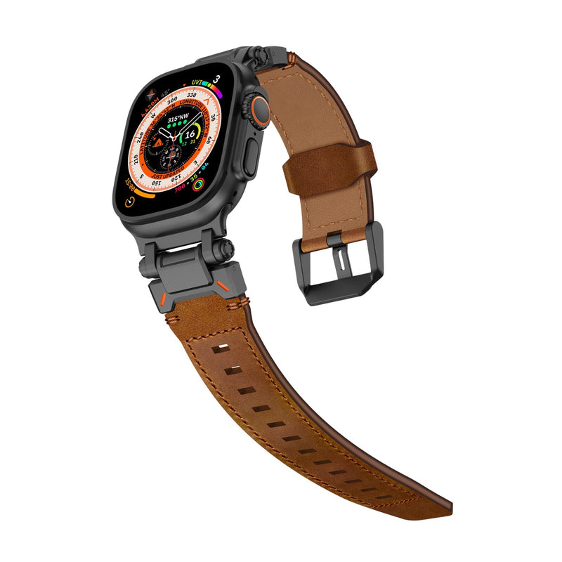 Bracelet en cuir marron et acier noir, ajustable, pour Apple Watch Ultra 43-49 mm, style élégant et technique.