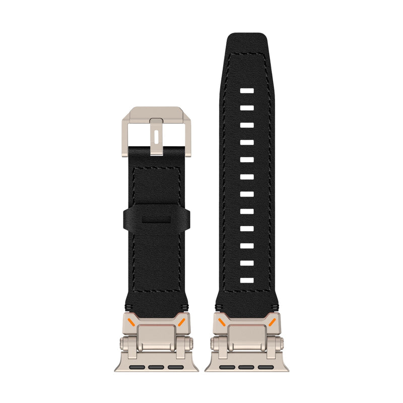 Bracelet Apple Watch Ultra en cuir noir avec attaches en acier argenté, ajustable, modèle Solidad.