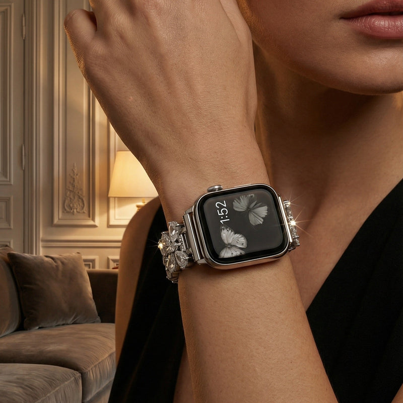 Bracelet élégant pour Apple Watch, maille moderne en acier inoxydable avec motif papillon et cristaux zircon lumineux, modèle Parina