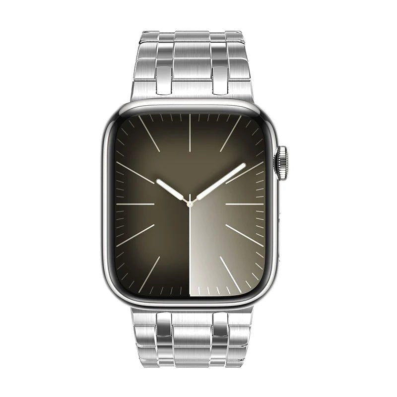 Bracelet ajustable en acier argenté haut de gamme pour Apple Watch avec maillons larges et fermoir magnétique.
