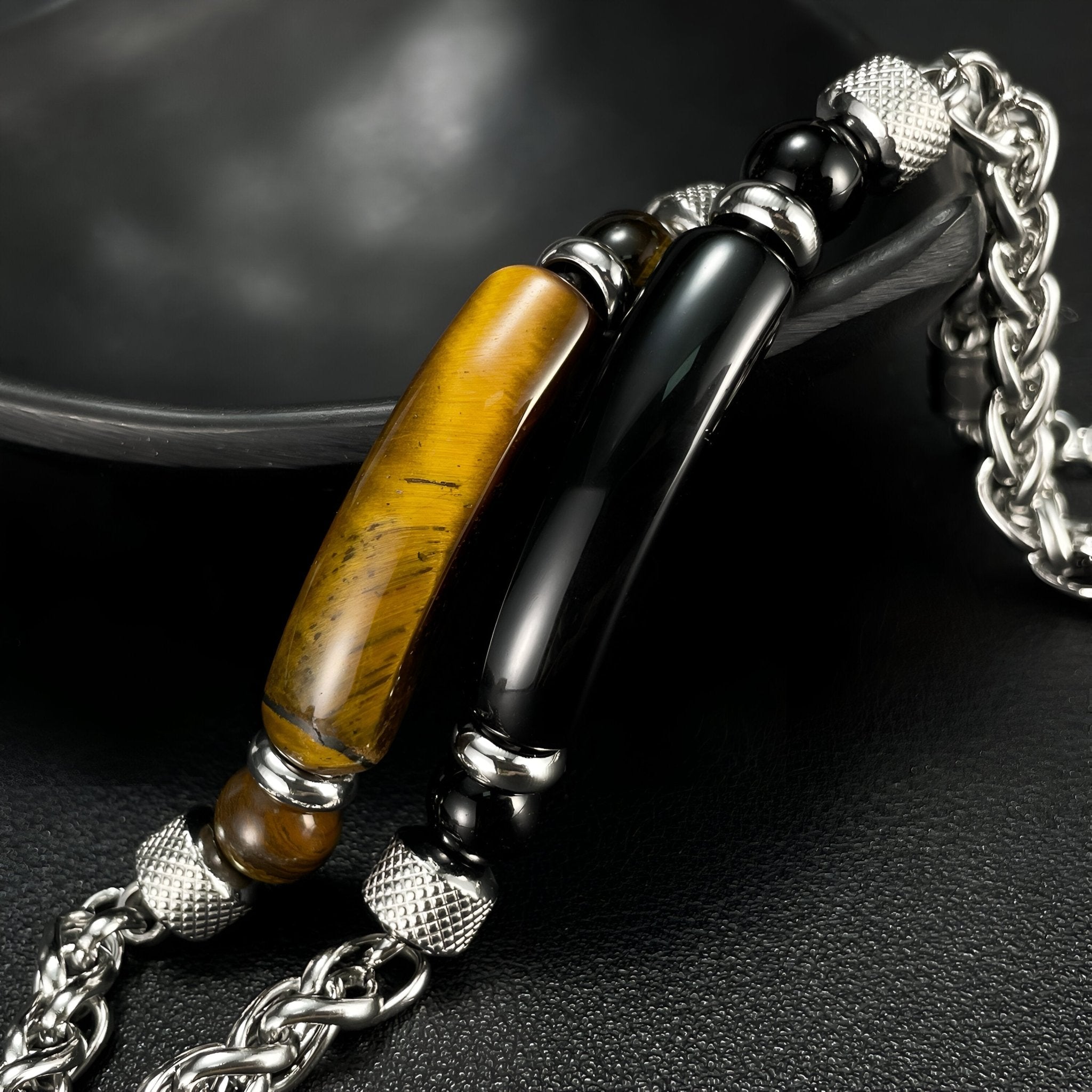 Bracelet homme en acier inoxydable avec pierres oeil de tigre jaunes et noires, style Ross.