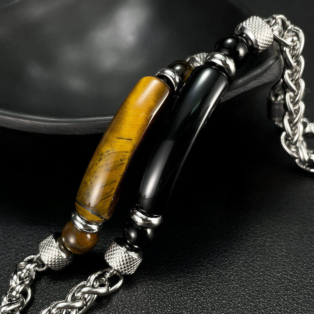 Bracelet homme en acier inoxydable avec pierres oeil de tigre jaunes et noires, style Ross.