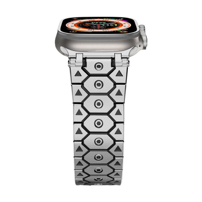 Bracelet argent en acier inoxydable avec motifs géométriques noirs pour Apple Watch.