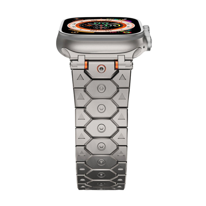 Bracelet ajustable en acier inoxydable argenté avec rainures hexagonales pour Apple Watch.