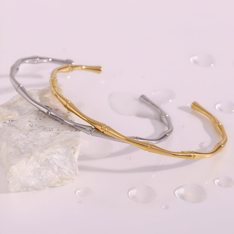 Bracelets ouverts en acier inoxydable plaqué or 18 carats et argent, design bambou fin, modèle Anji.