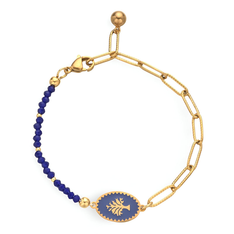 Bracelet femme en acier inoxydable doré avec chaînes ovales, perles bleues et médaillon arbre de vie bleu pétrole.