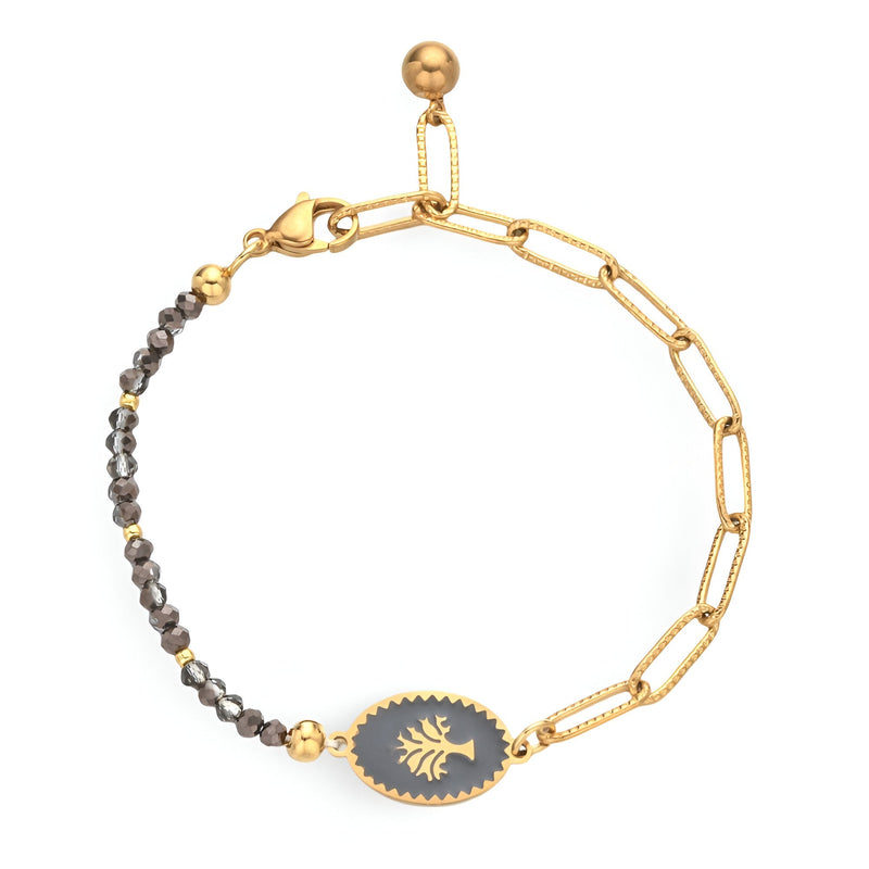 Bracelet pour femme en acier inoxydable doré avec médaillon gris arbre de vie et perles grises raffinées.