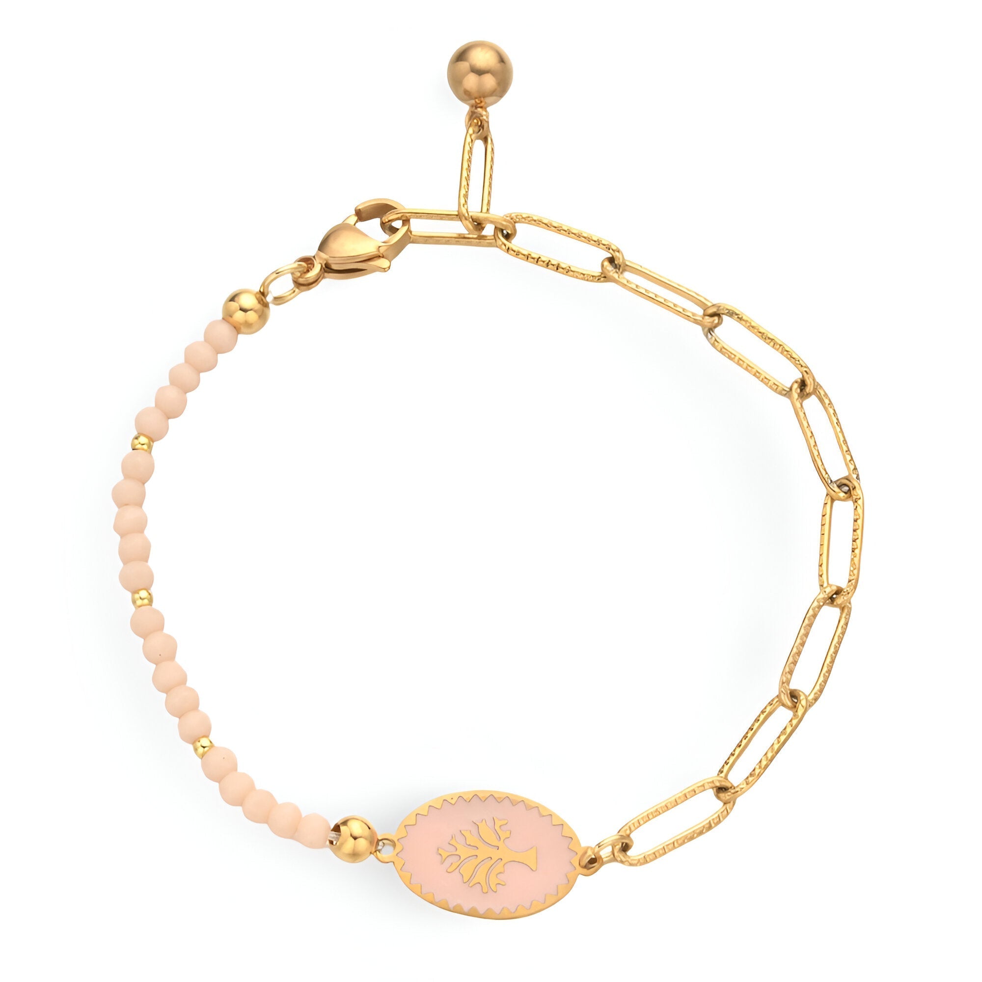 Bracelet en acier inoxydable doré avec perles roses et pendentif ovale rose gravé arbre de vie.