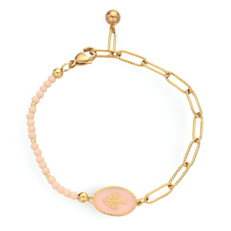 Bracelet en acier inoxydable doré avec perles roses et pendentif ovale rose gravé arbre de vie.