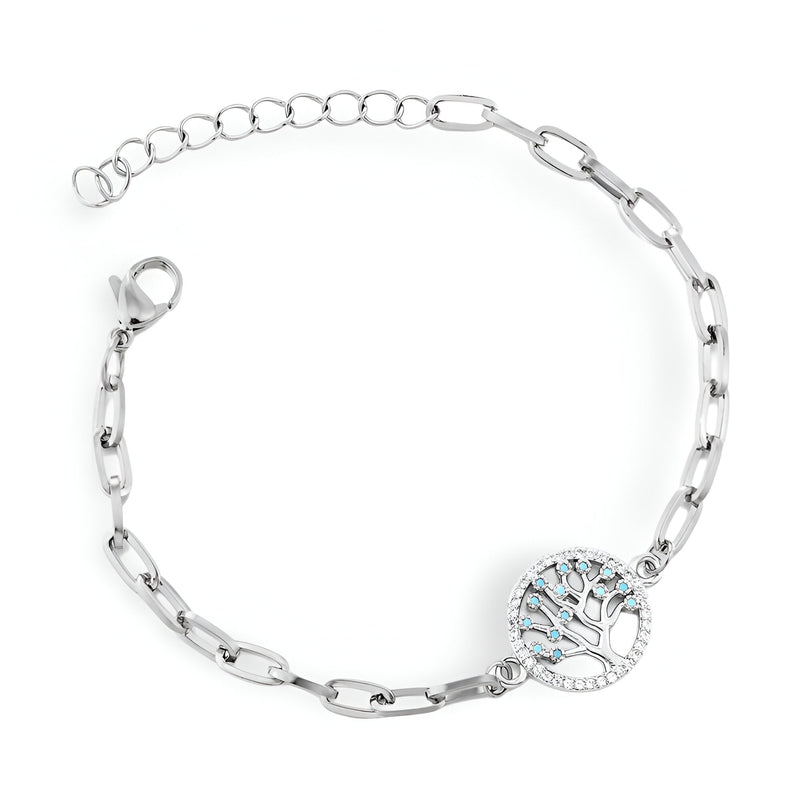 Bracelet en acier inoxydable argenté pour femme avec pendentif arbre de vie et chaîne à maillons allongés.