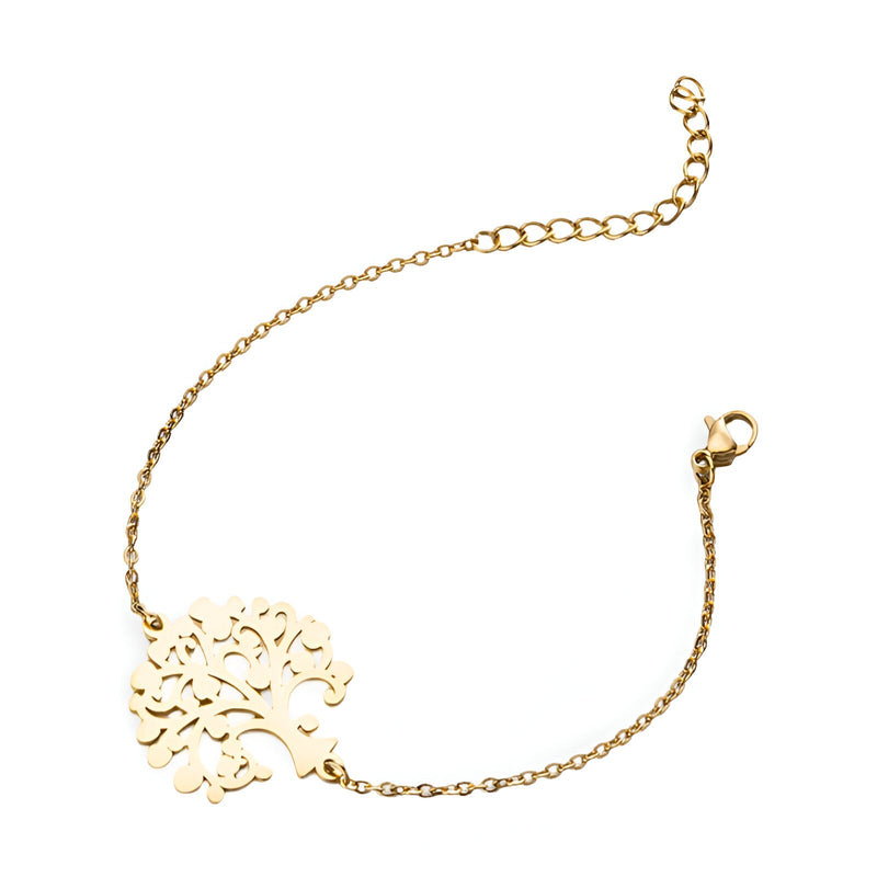 Bracelet fin en acier inoxydable doré avec pendentif arbre de vie stylisé.