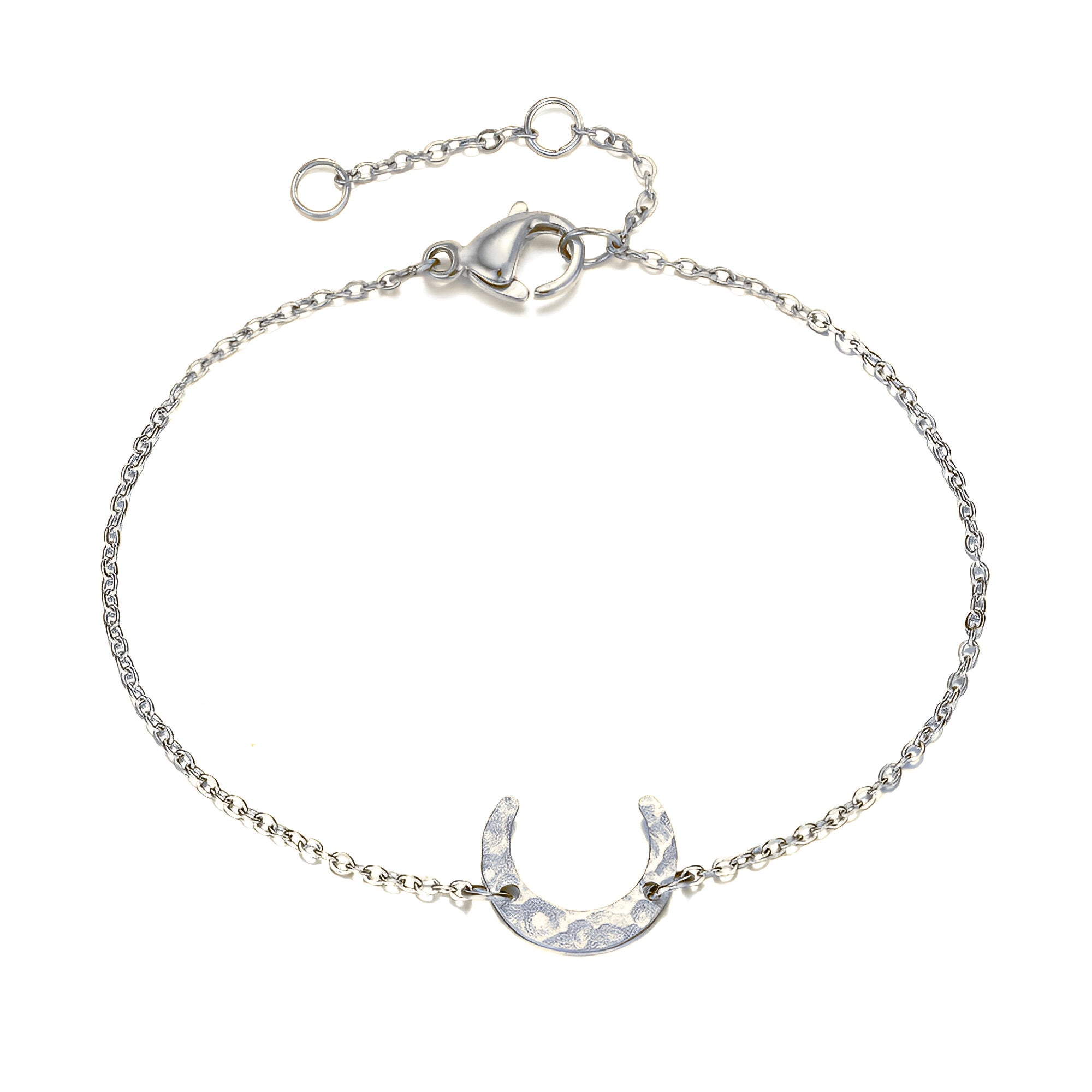 Bracelet en acier inoxydable argenté pour femme avec pendentif lune délicat et chaîne fine ajustable.