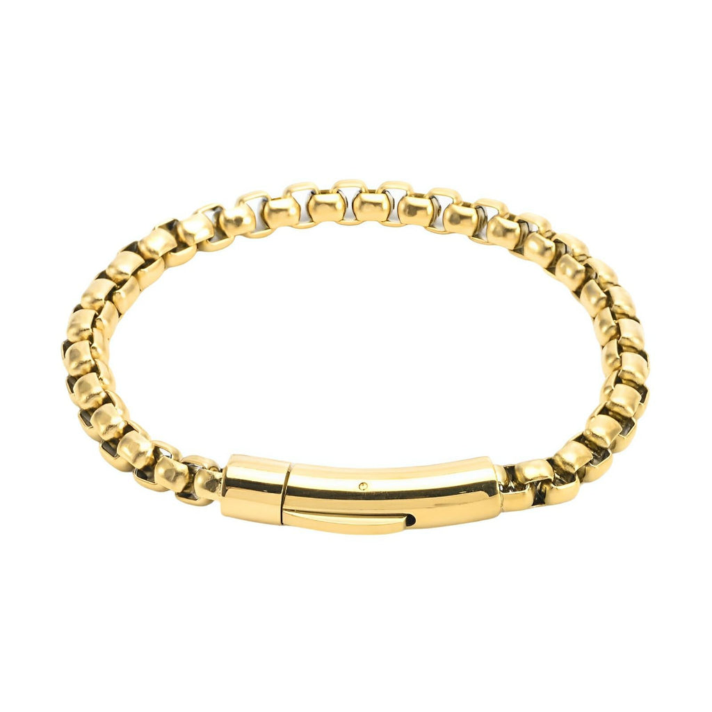 Bracelet en acier inoxydable doré à maille rolo épaisse avec fermoir sécurisé et finition brillante.