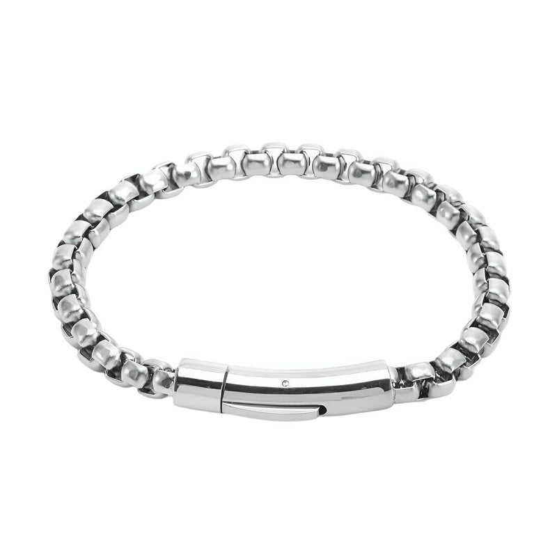 Bracelet homme en acier inoxydable argenté avec maille rolo épaisse et fermoir sécurisé brillant.