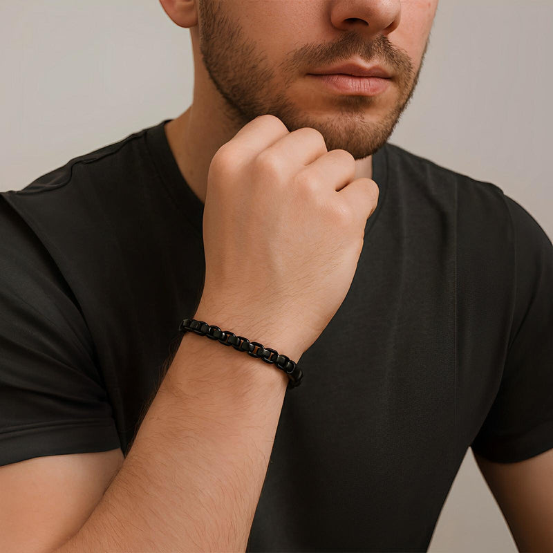 Bracelet homme en acier inoxydable noir à maille rolo épaisse, modèle Fabrizio, étanche.