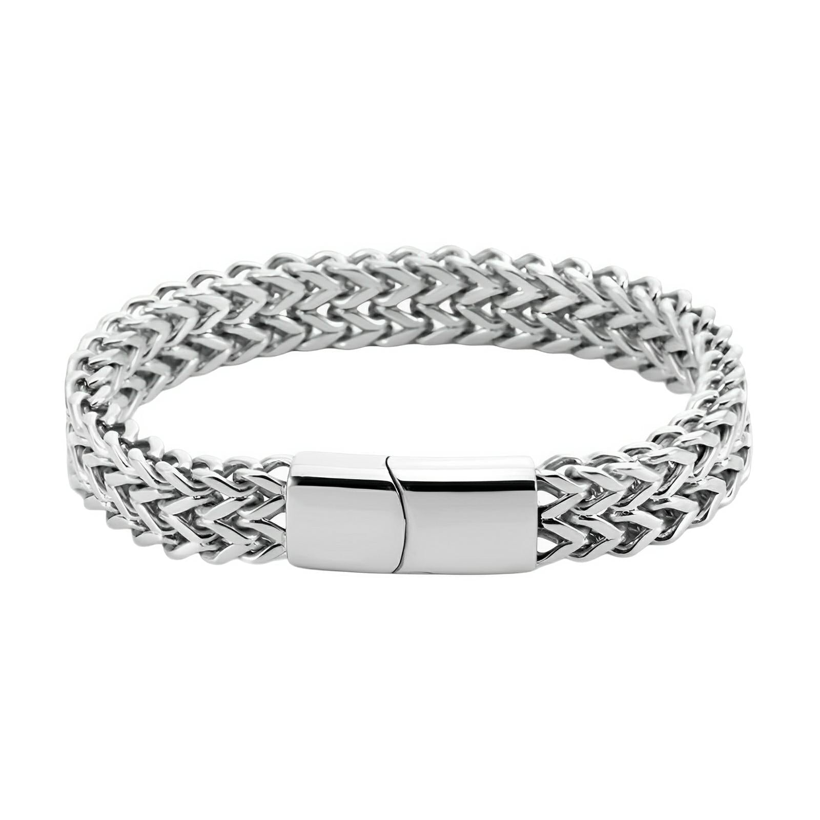 Bracelet homme en acier inoxydable argenté, maille spiga, fermoir magnétique lisse, style moderne.